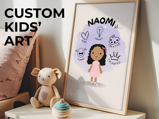 Custom Digital Kids’ Affirmation Art, Personalized Kids' Room Character & Positive Traits Print