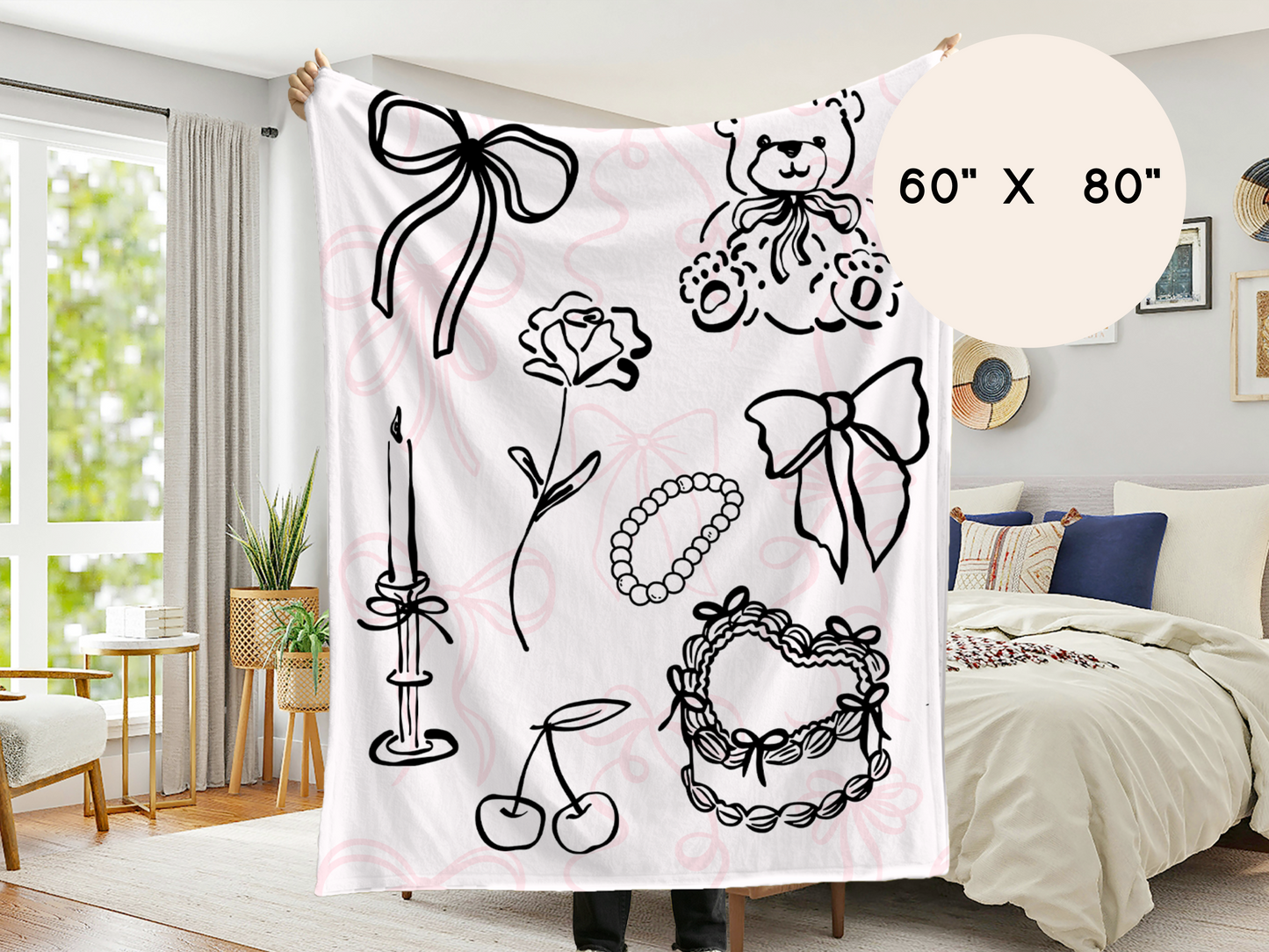 Coquette Style Soft Throw Blanket – 60"x80" Pink Aesthetic with Bows and Line Art