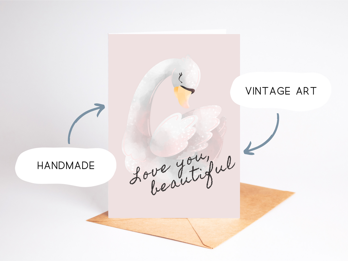 Vintage Swan Love Card – Handmade Pastel Greeting Card for Her