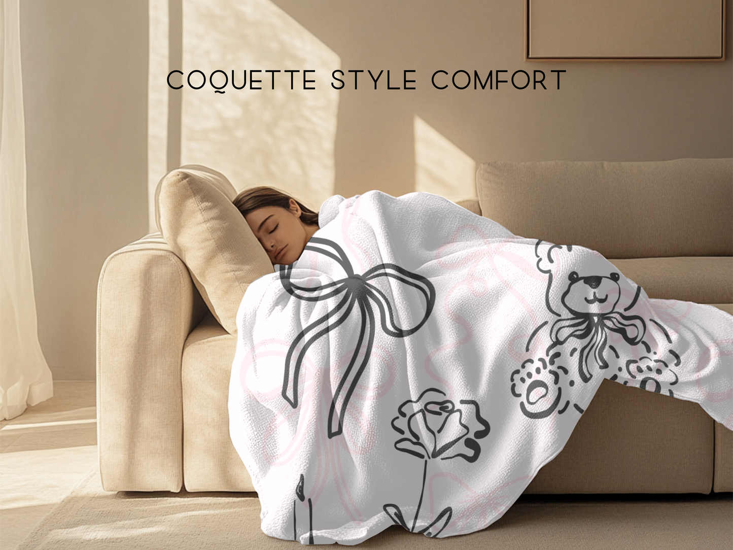 Coquette Style Soft Throw Blanket – 60"x80" Pink Aesthetic with Bows and Line Art